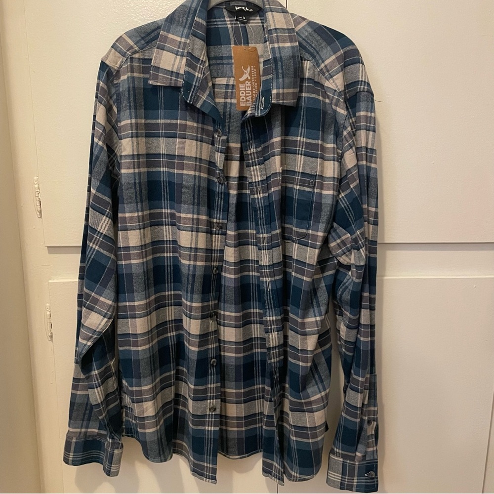 NWT Eddie Bauer Men's Tall Flex Flannel Seablue Plaid Shirt